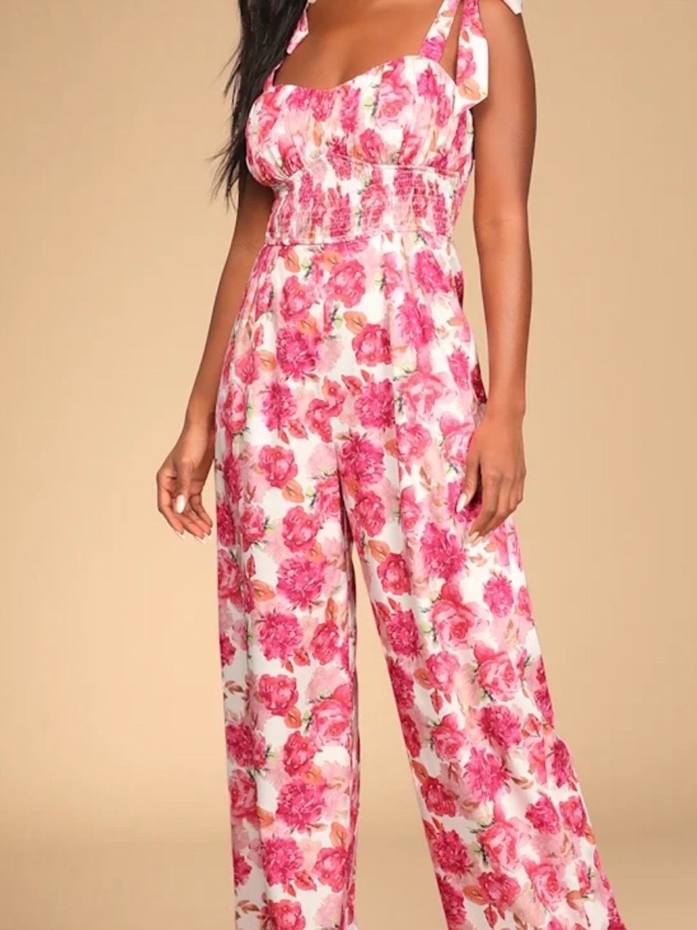 Lulu's Pink Floral Wide-Leg Jumpsuit with Tie Straps
